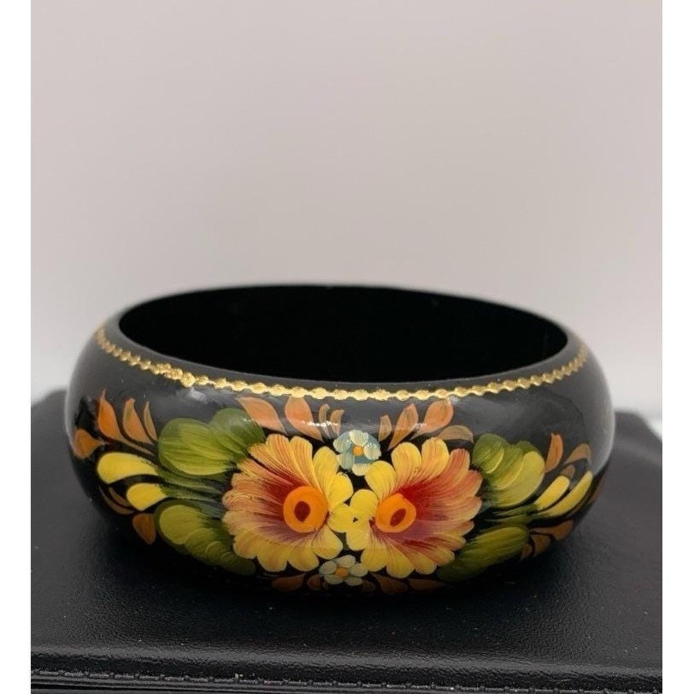 Vintage Black Lacquer Hand Painted Floral & Gold Inlay Bangle